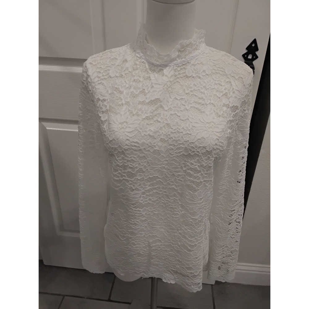 Attention White Floral Lace Mock Neck Long Sleeve‎ Blouse Top Small